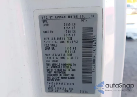 2015 Nissan Nv200 Sv z USA, uszkodzony, nr VIN 3N6CM0KN0FK716924